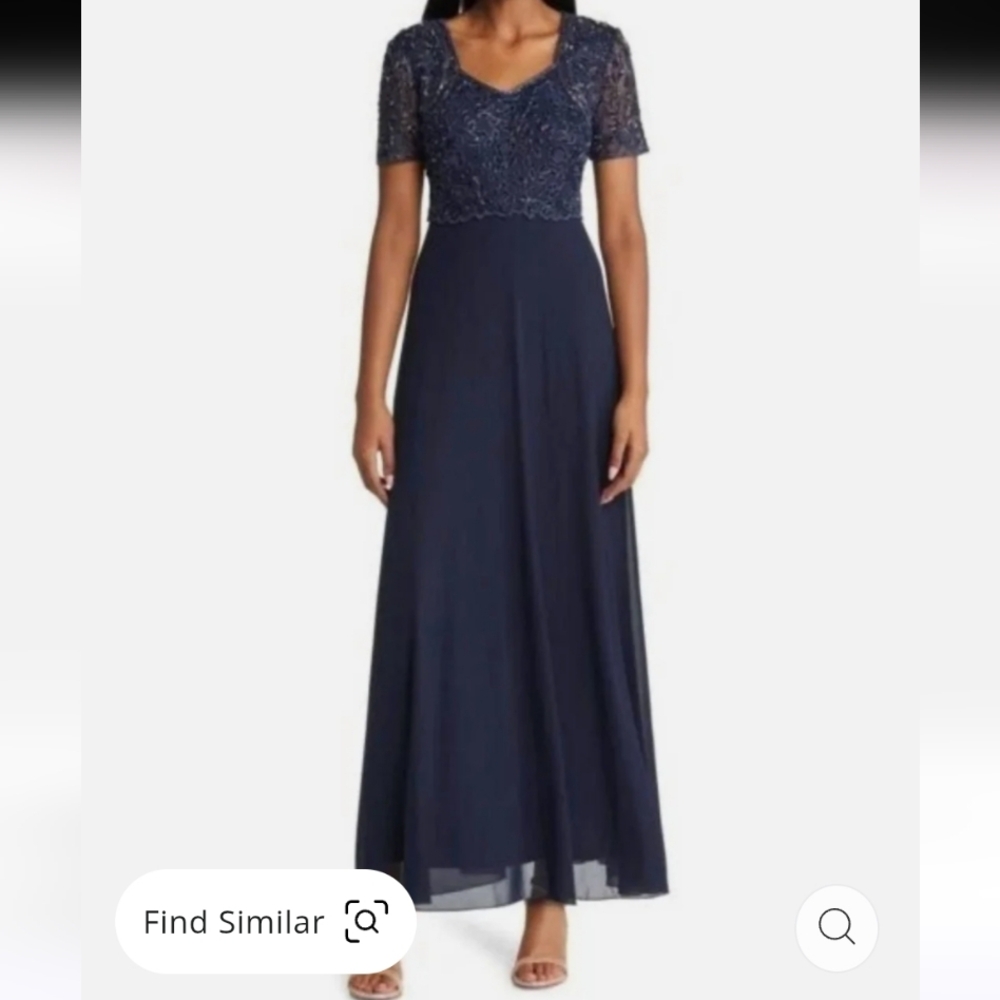 Pisarro Nights Beaded Bodice A-Line Gown Navy